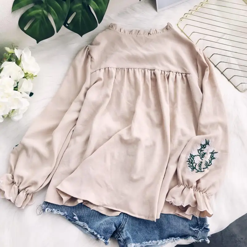 Autumn Women Blending Graceful Wave Ruched Long Lantern Sleeve Embroidery Cardigan Blouse Shirt Ladies Urban Sweet Ruffles Suits