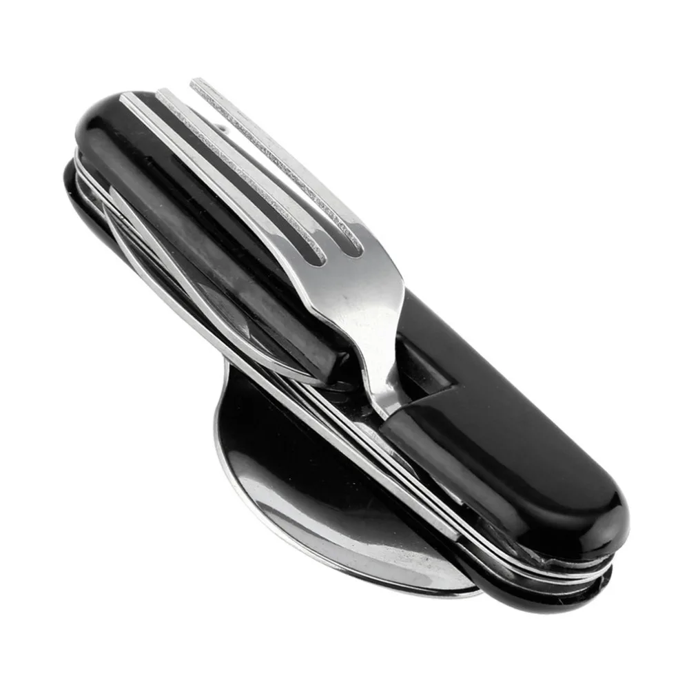 

Portable 4 in 1 Stainless Steel Spoon Fork Knife Set Folding Hiking Camping PicnicTableware Multi Function Tool