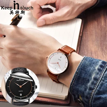 

KEEP IN TOUCH Simple fashion two-pin quartz watch men leather belt watch night light calendar waterproof men's wrist watch clock