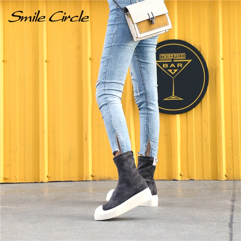 Smile Circle High-quality women Elastic boots Women Suede Leather Booties Flat Platform Casual shoes Women boots