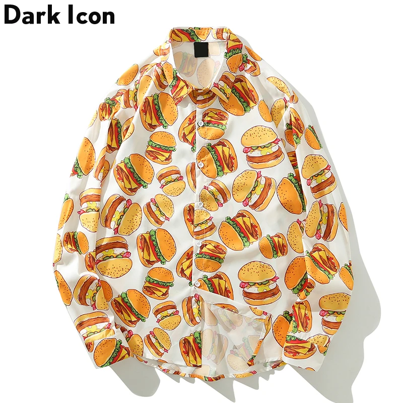

Dark Icon Hamburger Printed Street Shirts Men Autumn Holiday Hawaiian Shirts Hip Hop Shirts Streetwear Clothes
