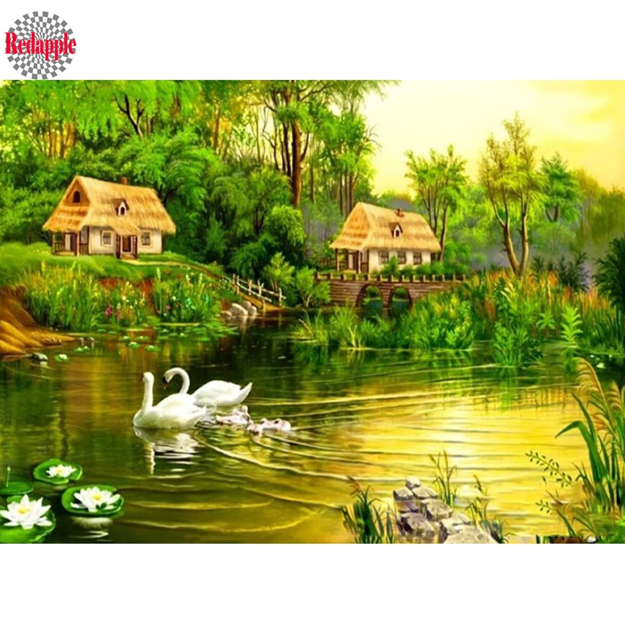 

3D Diamond Embroidery Landscape Lake and Green Tree Pattern Diy Diamond Painting Mountain village Full Diamond Mosaic Swans