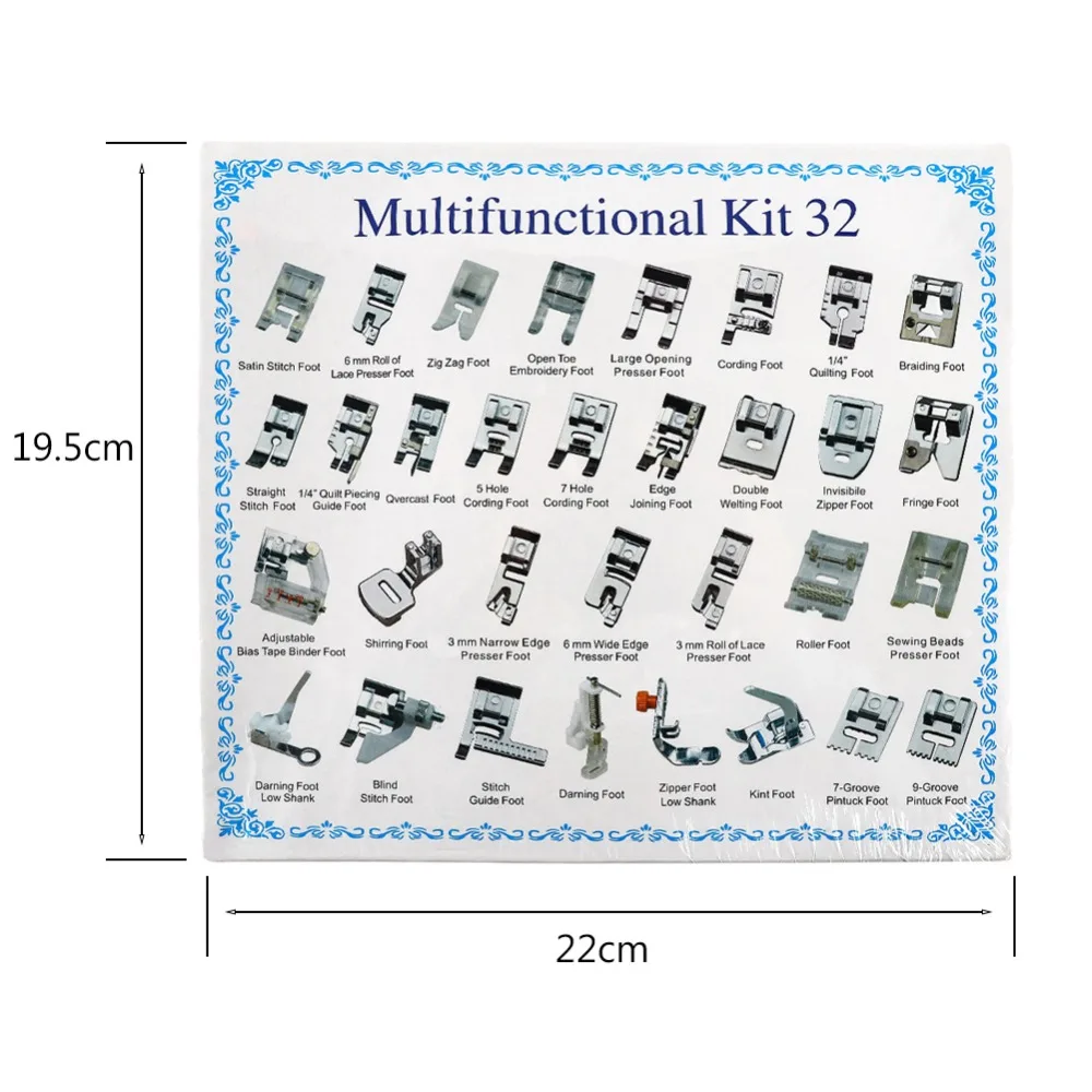 32 шт./компл. бытовая швейная машина прижимная лапка средства ухода за кожей стоп аксессуары для ванной комнаты Комплект для ног Hem запасные Запчасти с коробкой швейные инструменты, нержавеющая сталь