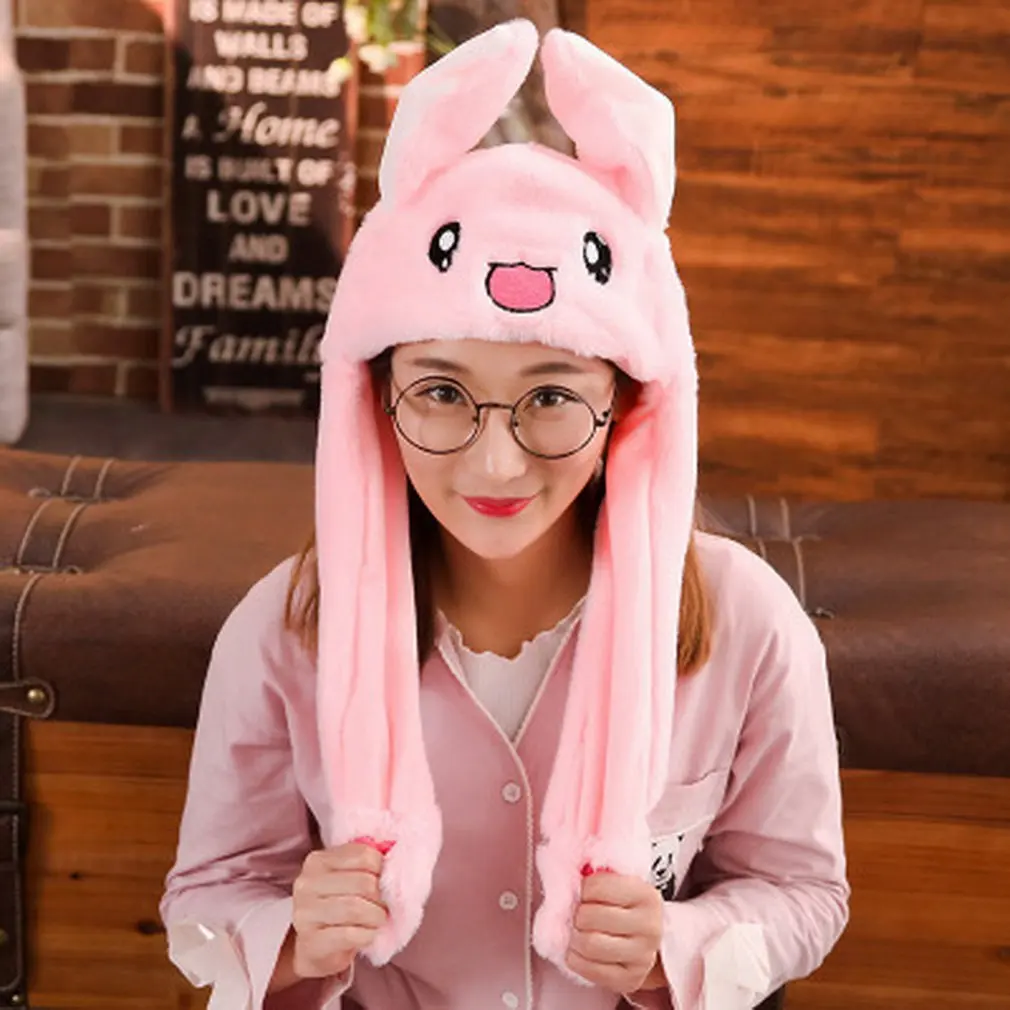 

2019 Kids Cute Plush Rabbit Pinching Bunny Ear Hat Can Move Airbag Cap Toy Gift for Kids Girls Girlfriend Women Accessories