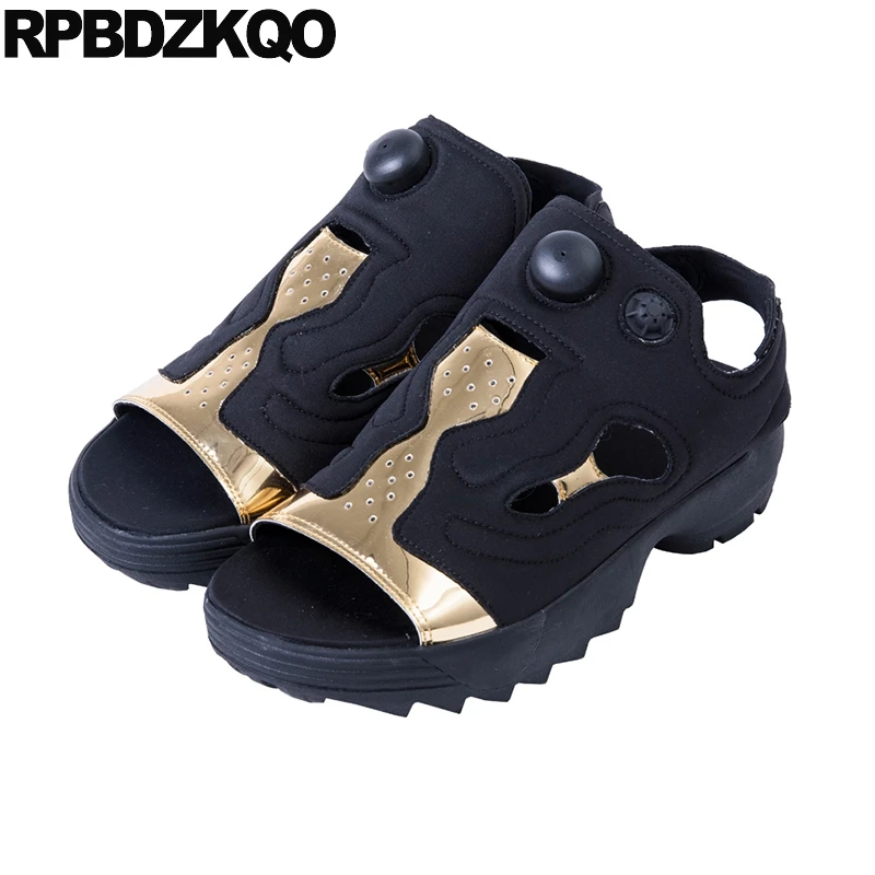Oro 2018 Primavera Cuñas Plataforma Mujer Negro Abierta Zapatillas Zapatos Harajuku Alto Tacón Verano Punta Calidad Talón Oculto Alta Sandalias Otoño De Diseñador Señoras EnaHqfx