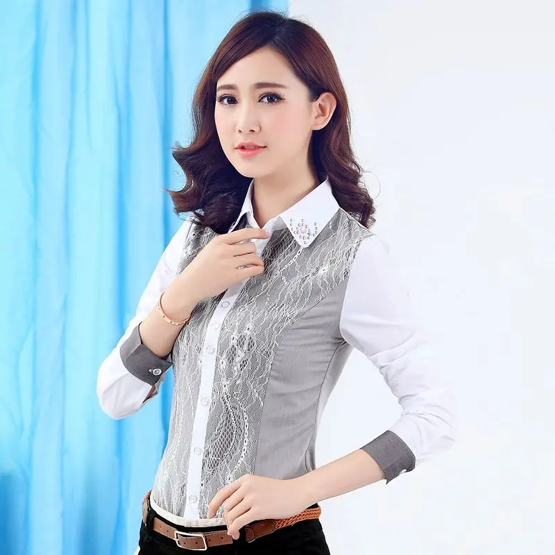 

Lace women long sleeve shirt 2019 New elegant blouses shirts ladies gray white blue office work plus size clothes tops