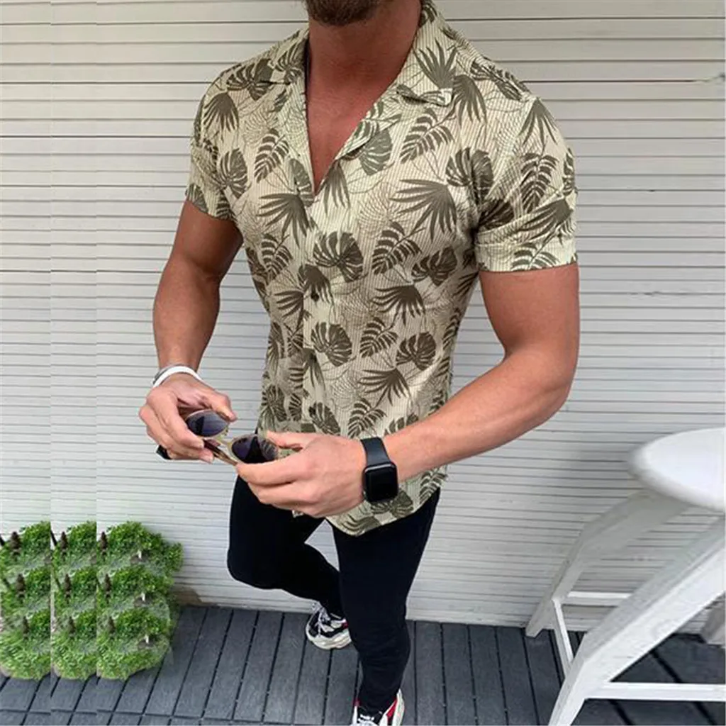 

Fashion Mens shirts Summer Men's Hawaiian shirt Casual slim fit Striped Shirts Short-Sleeve Male Blouse Top Camiseta hombre