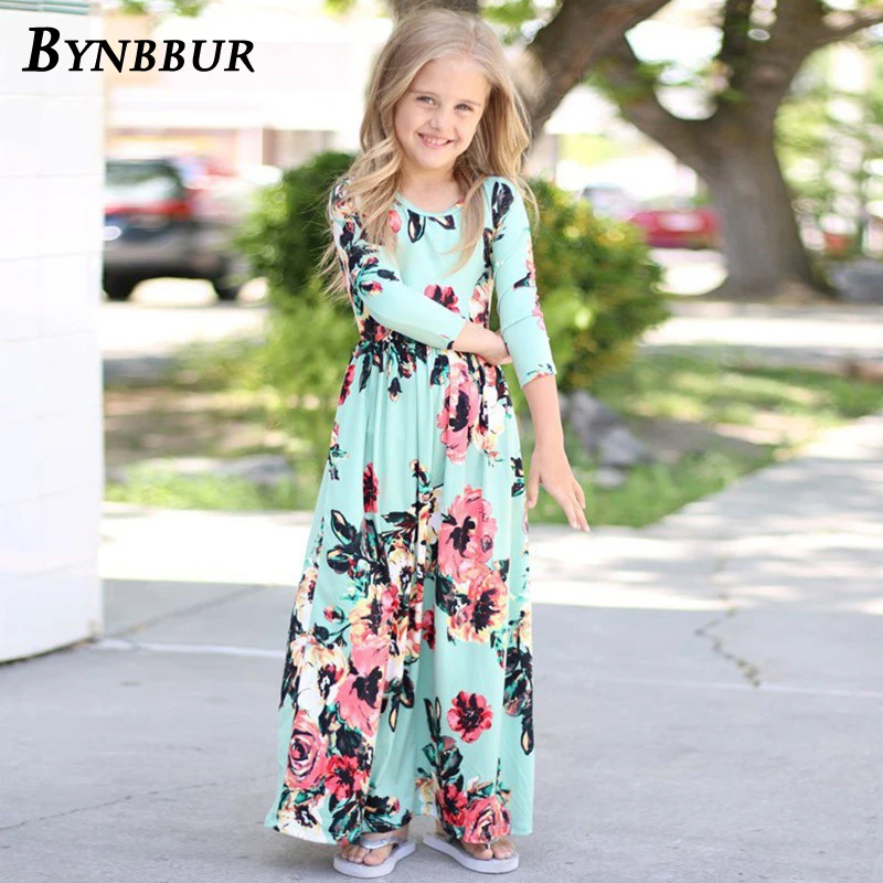 

Bynbbur Floral Print Long Dress Girls With Pockets Party Dress Long Sleeve O Neck Soft Cute Baby Kid Girl Dress 2019 Summer New