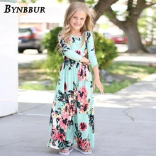 Bynbbur Floral Print Long Dress Girls With Pockets Party Dress Long Sleeve O Neck Soft Cute Baby Kid Girl Dress 2019 Summer New
