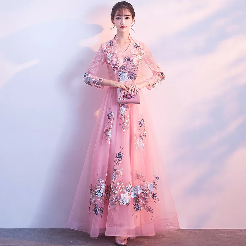 Это Yiiya вечерние платья с v-образным вырезом, плюс размер, три четверти рукава, а-силуэт, длина до пола, Заказные вечерние платья с вышивкой LX910 - Цвет: Розовый