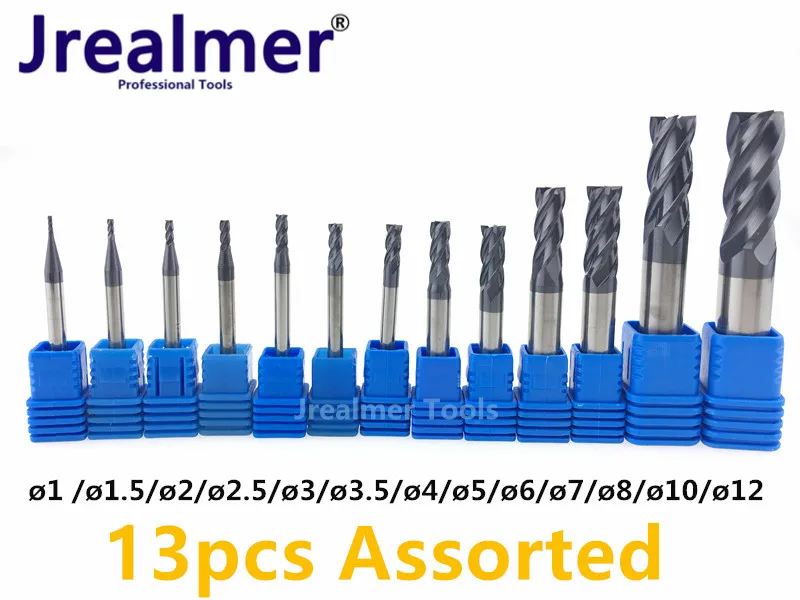 

Jrealmer 13pcs Assorted 1mm to12mm Tungsten Carbide Face End Mills 50HRC free shipping