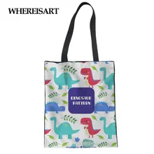 WHEREISART с принтом динозавра из мультфильма сумка тканевая через плечо Для женщин покупки Большой Путешествия Пляжная сумка, сумка в руку, для груза, женская маленькая сумочка для девочек Повседневное