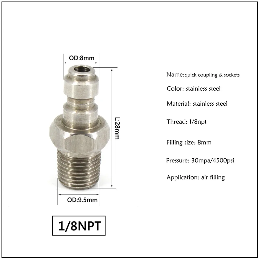 PCP Airforce Пейнтбольный соединитель высокого давления 1/8NPT 1/8BSPP M10x1 из нержавеющей