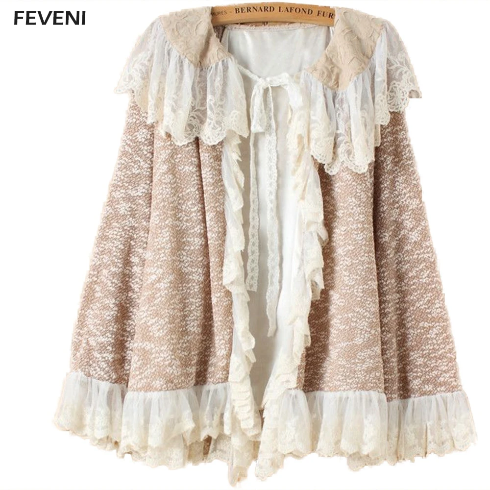 

Women Lolita Coat Cloak Knitted Lace up Female Cute Autumn Sweet Original Pop Ruffles Cardigan Princess Gothic Jacket Y03381