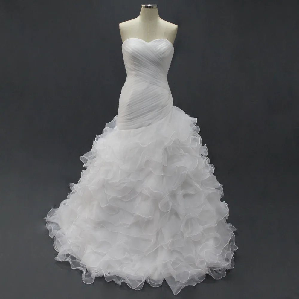 

White Organza Real Wedding Dresses Actual Images Custom made Trumpet Lace up Pleat Bridal Gown Discounted