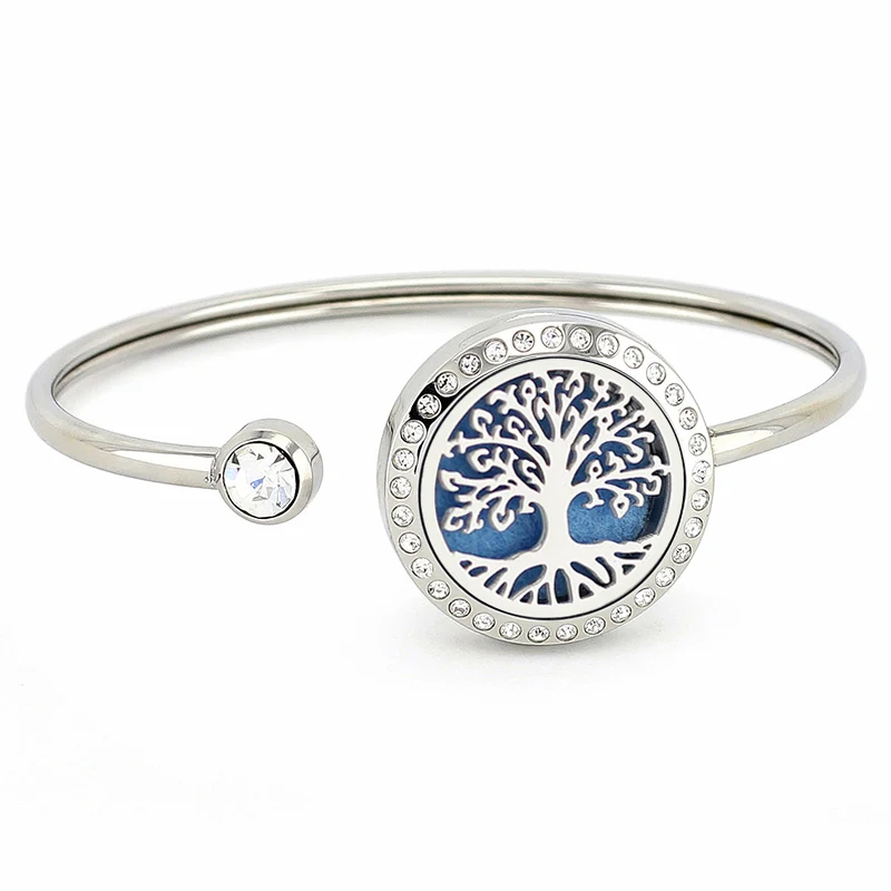 

New Arrival Aroma Locket Bangle 25mm Silver Crystals 316L Stainless Steel Essential Oil Diffuser Locket Bracelets