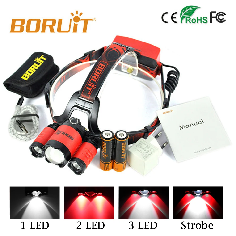 BORUIT B22 XM L2 + 2X XPE красный светодиодный налобный фонарь с масштабируемой головкой