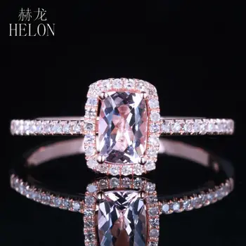 

HELON Solid 14K Rose Gold Certified Cushion 0.72ct Genuine Natrual Morganite Diamonds Engagement Ring Women Wedding Fine Jewelry