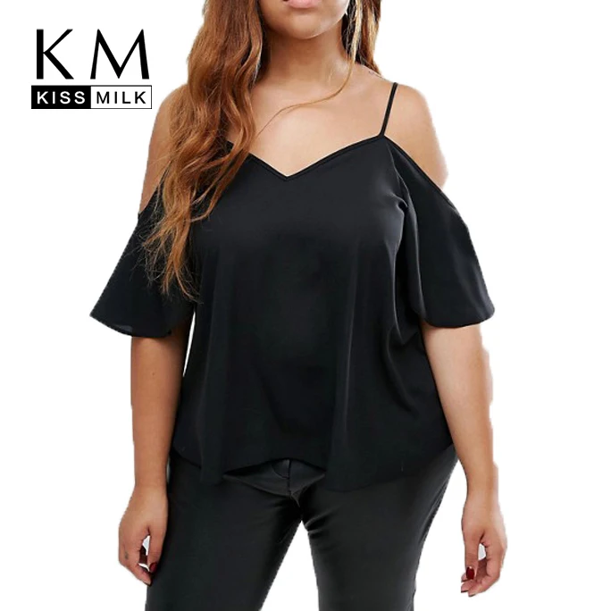 

Kissmilk Plus Size Solid Casual V-Neck Women T-shirt Camis Cold Shoulder Sexy Tops Black Loose Top Tees Big Size 3XL 4XL 5XL 6XL
