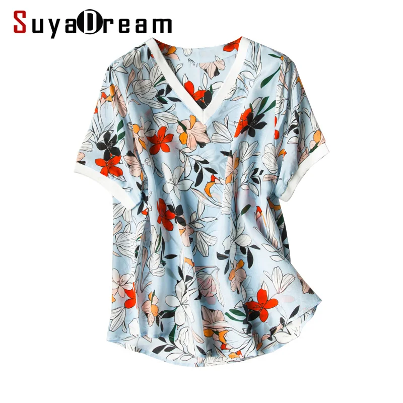 

Women Silk Shirt 100%Silk Crepe Floral Printed T shirt Short Sleeved V neck Silk Top 2019 New Summer Print Shirt Light Blue