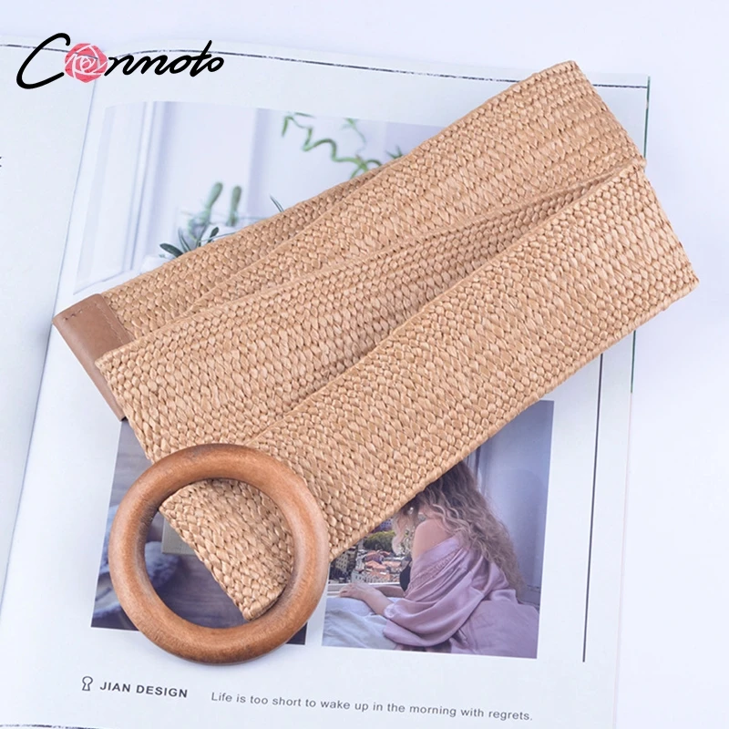 Conmoto Плетёный пояс с деревянной пряжкой, ремень из эластичного материала, повседневный пояс, женские аксессуары, пояс для платья