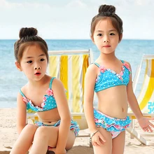 Купальный костюм для маленьких девочек купальный костюм из двух предметов в горошек с цветочным рисунком комплект бикини из полиэстера для девочек, детские пляжные купальные костюмы Детский купальный костюм