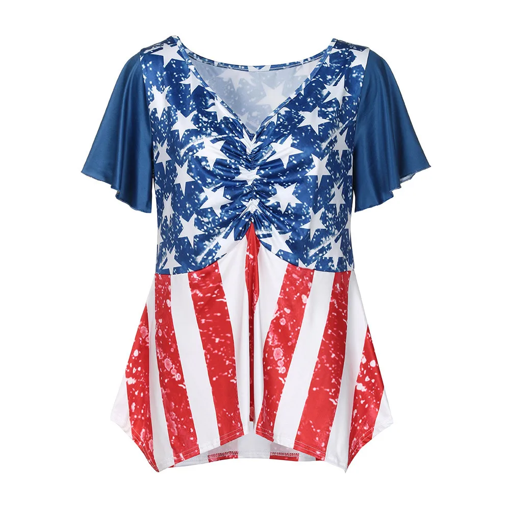 Womail New Fashion Women Plus Size Patriotic American Flag Printed Ruched Short Sleeved Tops