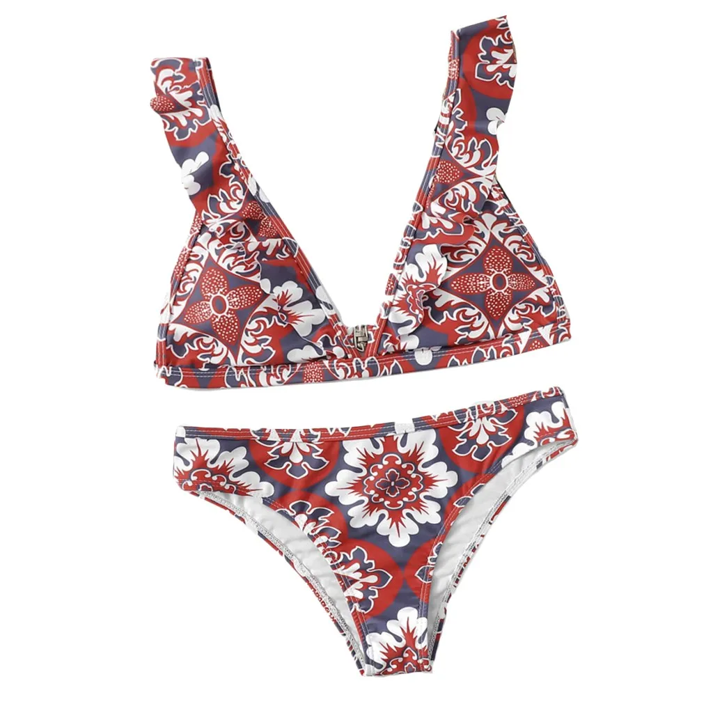 

Women Sexy Split Flounces Swimsuit Two Piece Bikini Beachwear Fashion Red Printed Bikini Bathing Suit beach suit 2019 A30331