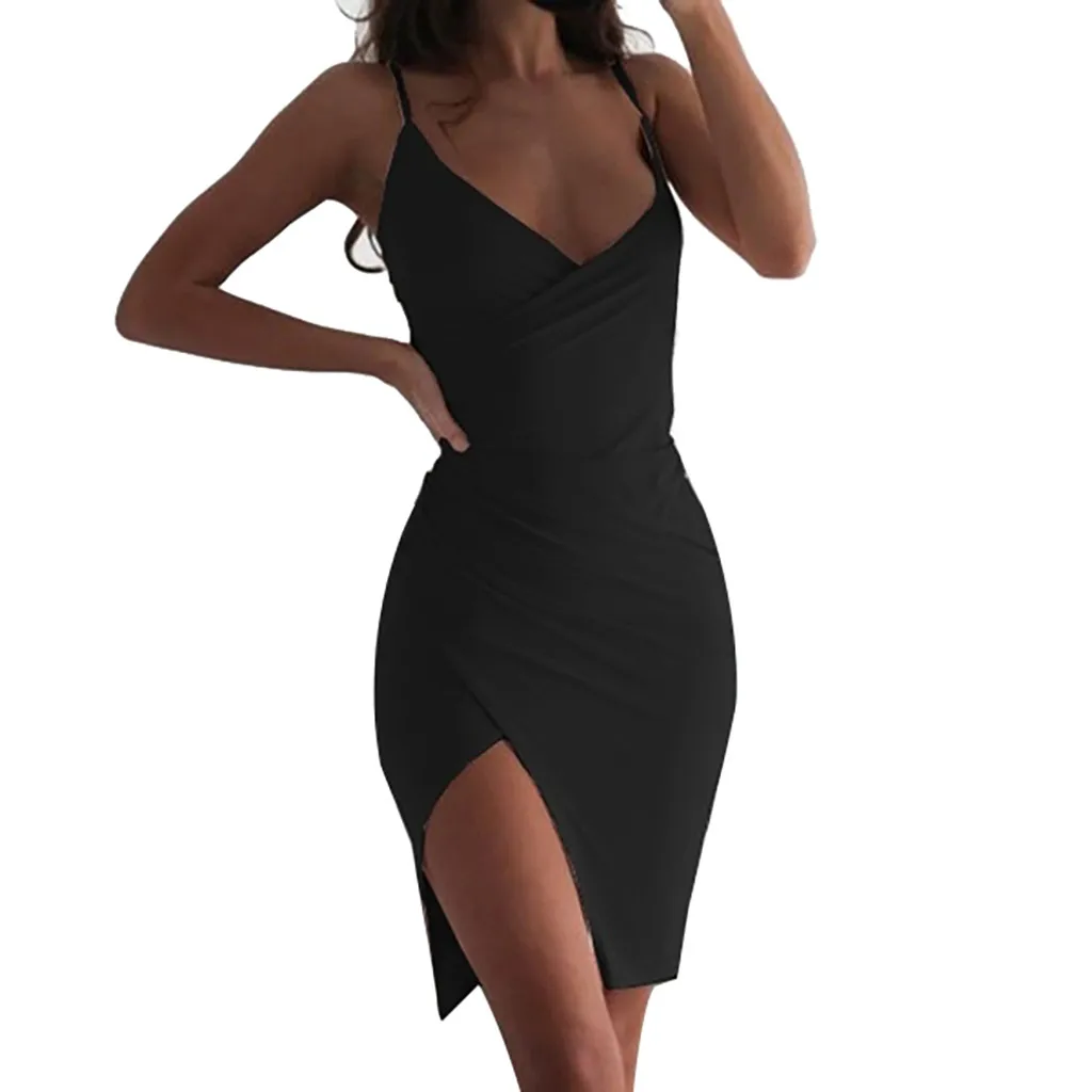 

CHAMSGEND Women Dress Summer Sexy V-neck Sleeveless Dress Fashion Halter Sling Slim Mini Dress Solid Sheath Dresses Mar27