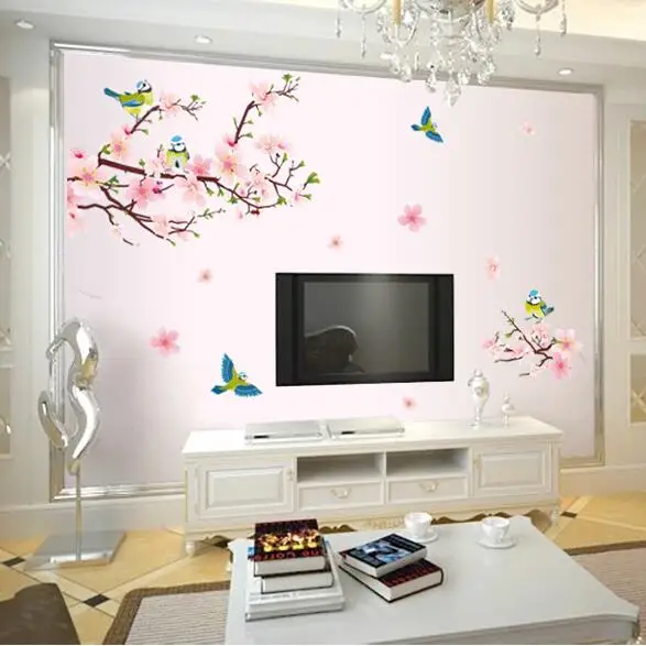 

Romantic Magpie Peach Blossom Removable PVC Wall Sticker Living Room TV/Sofa Background Home Decor Mural Decal Birds New arrived