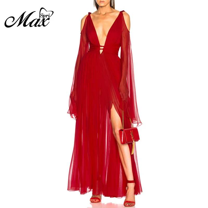 

Max Spri 2019 New Women Fashion Sexy Hollow Out Red Party Slit Gown Vestidos Plunge Neckline Cutout Mesh Relaxed Split Dress