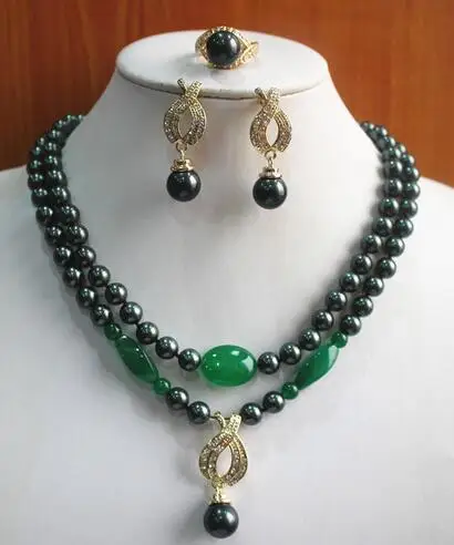 

New Fashion 8mm 2 Black Linhas Shell Bead Necklace Earring Ring Jewelry Set >>> women jewerly Free shipping