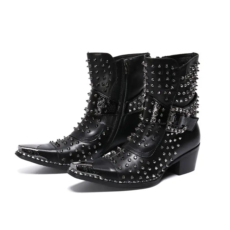 

New Men Luxury Rivets Design Party Dress Boots Men Pointed Toe Fashion ankle Cowboy Boots