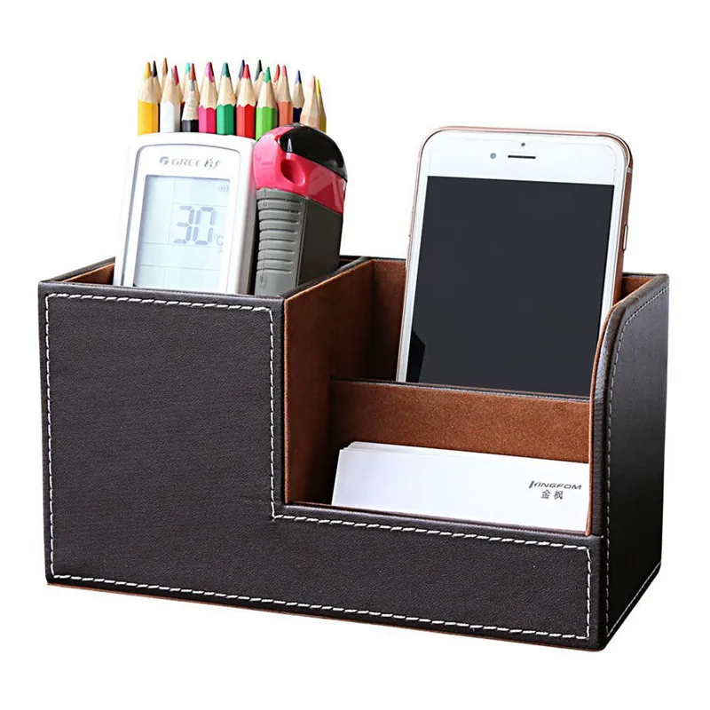 

PU Leather Desk Stationery Box Organizer, Office Desktop Organizer with 3 Divided Storage Compartments for Storing Pen/ Remote
