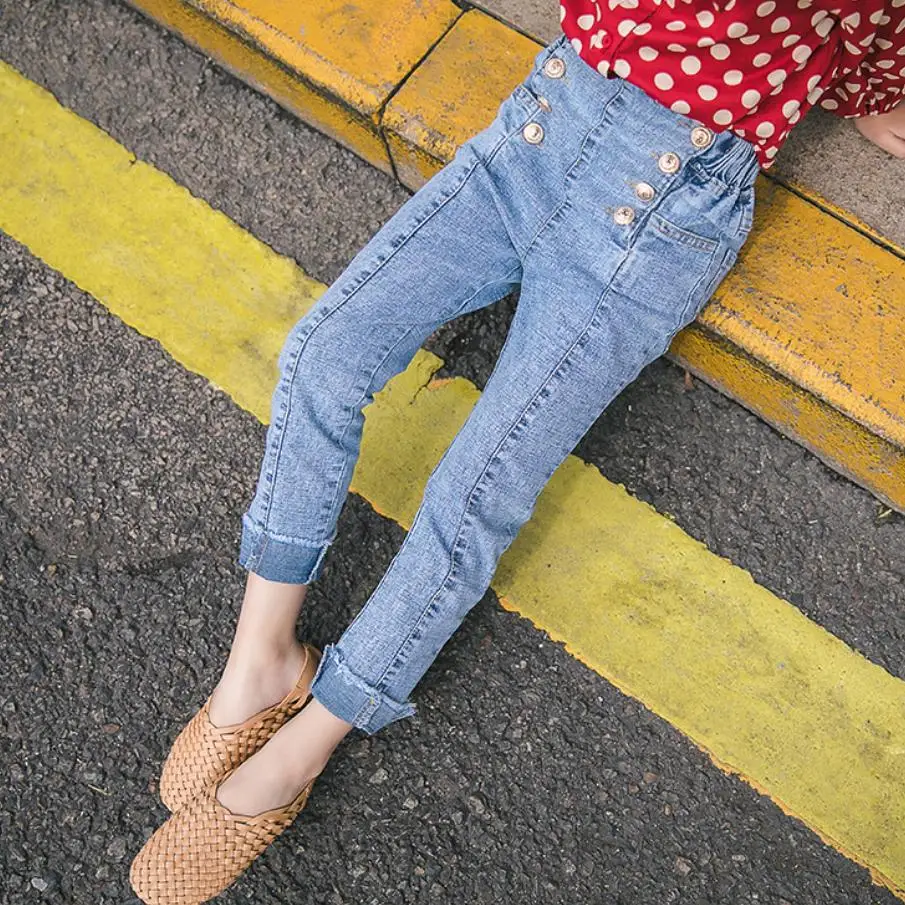 

Baby Girl Denim Pants 2019 Spring New Children's Jeans button design double-breasted cowboy trousers blue casual kids pants Y678