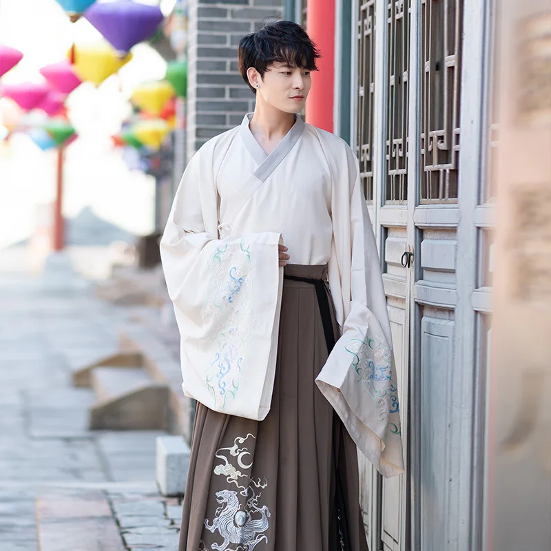 Hanfu мужская одежда куртка+ юбка+ вышитый плащ осень зима большие рукава китайские древние костюмы рыцарский Стиль Одежда