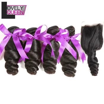 

Brazilian Hair Weave Bundles Loose Wave Bundles with Closure Human Hair 4 Bundles with Closure Non Remy Wet and Wavy LOVELYQUEEN
