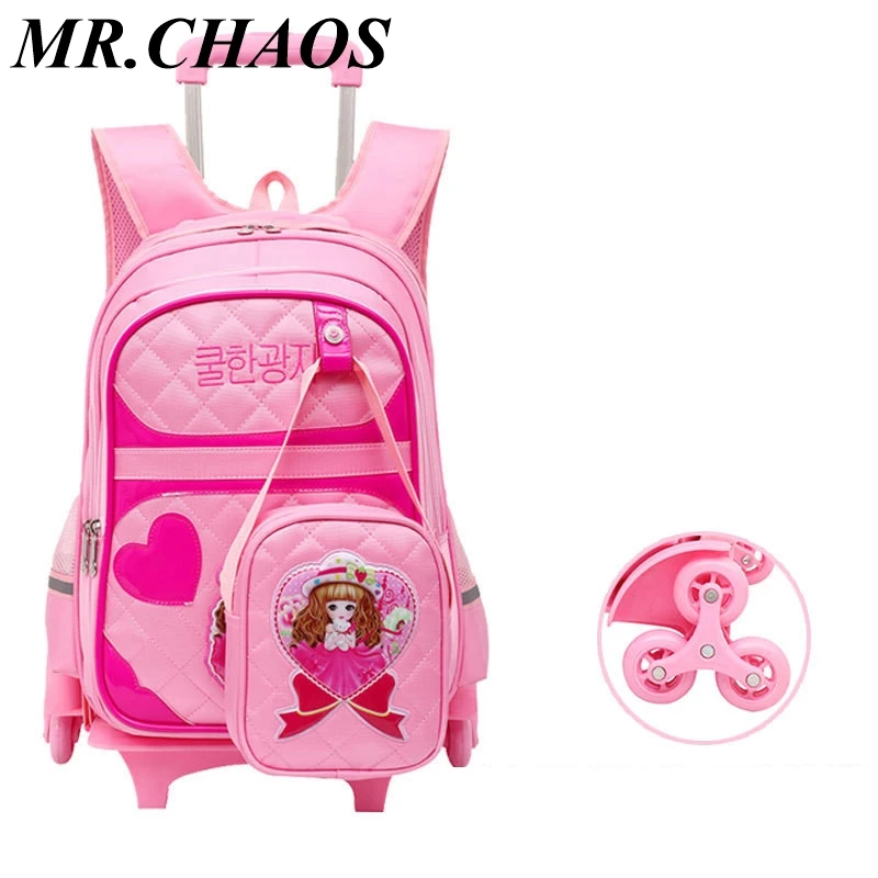 

Cartoon 2pcs set school backpacks 6 wheels children school bags for girls handbag waterproof cute kids travel trolley bookbag