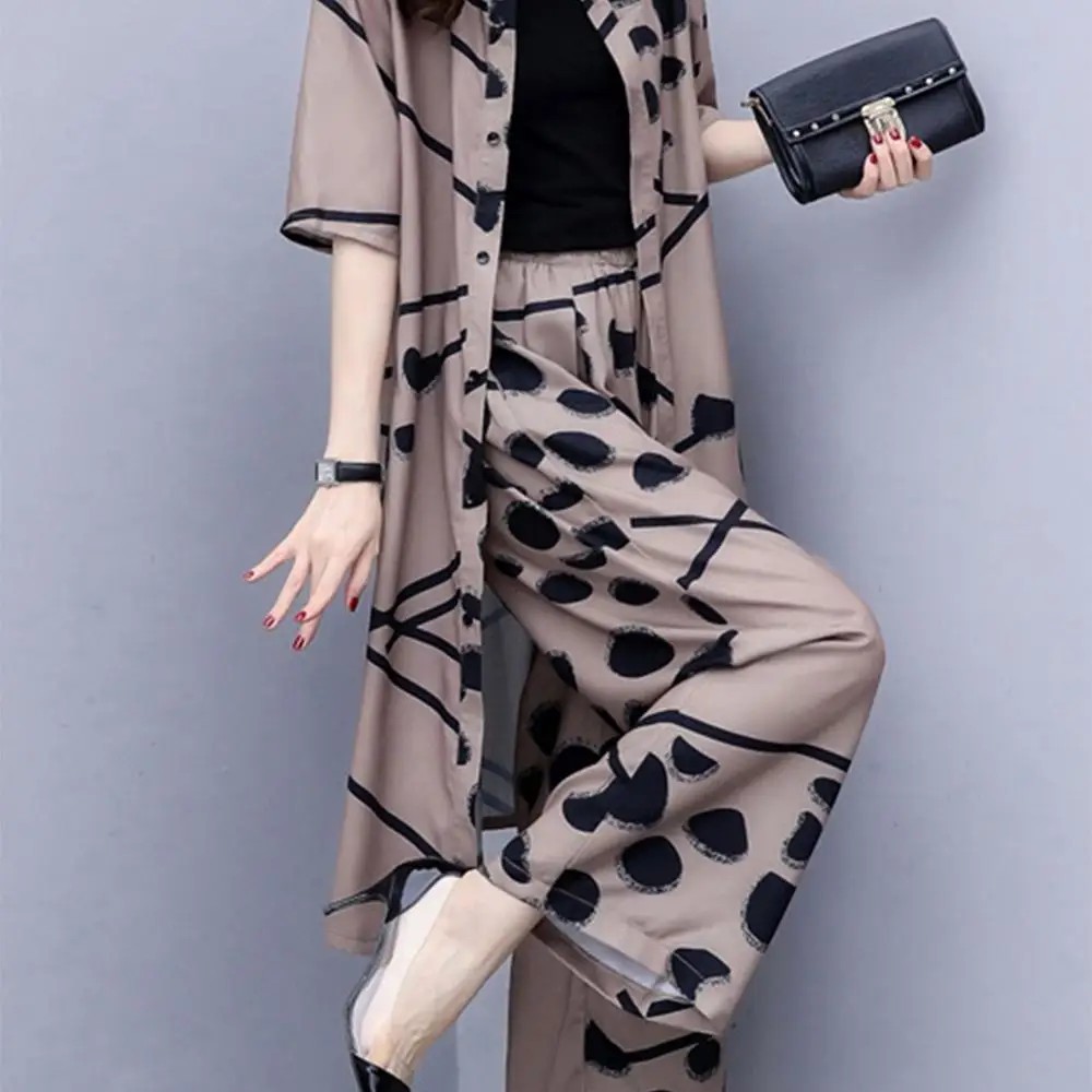

Polka Dot Chiffon Cardigan And Wide Leg Pants Womens Sets Two Piece 2019 Short Sleeve Single-breasted Top Loose conjuntos de muj