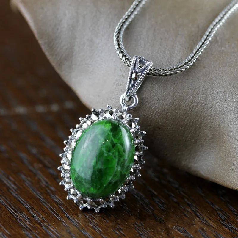 

Jimei S925 silver craftsmanship of hand-carved retro fashion green crystal pendant Ms. upscale jewelry free shipping
