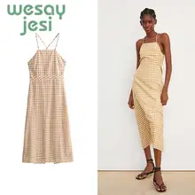 2019 Summer yellow Plaid Dress Vintage Beach Boho Open back Dress Streetwear Spaghetti Strap square-Neck Sexy Party Women Dress 2019 Summer yellow Plaid Dress Vintage Beach Boho Open back Dress Streetwear Spaghetti Strap square-Neck Sexy Party Women Dress