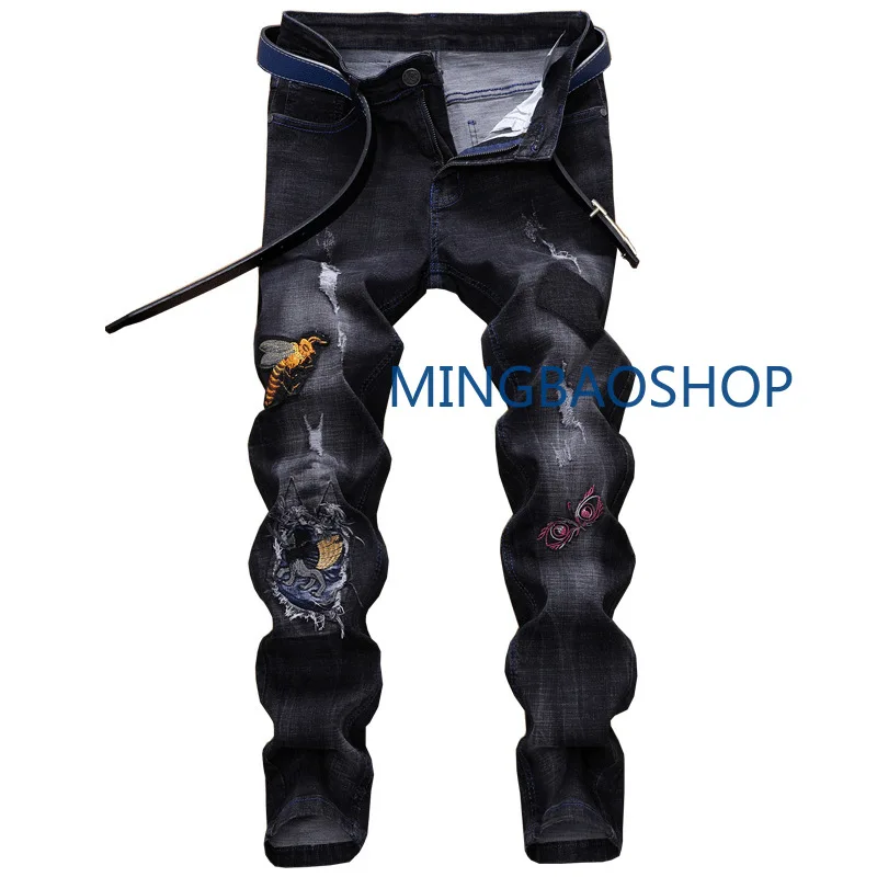 

Shredded jeans Male straight embroidery flower fashion slim fit elastic feet retro trousers jeans for men skinny jeans men 2019