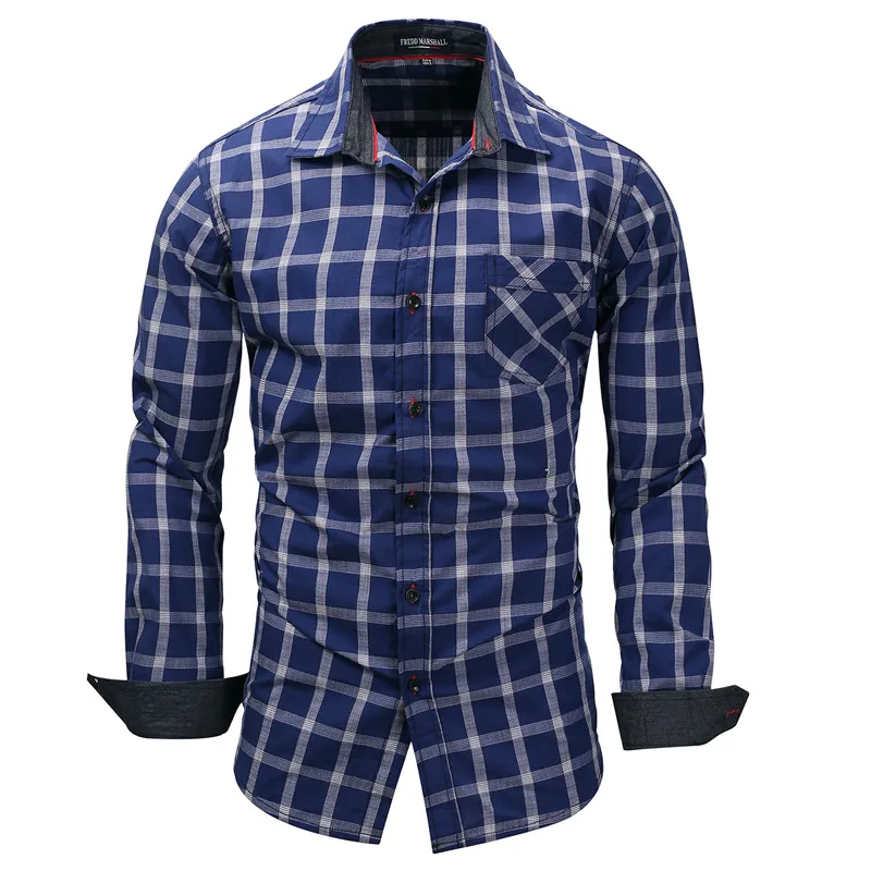 Casual Men's Long Sleeve Plaid Dress Shirt Cool Classic 100% Cotton Male Social Work Business Dress Shirt Tops Camisa Masculina (21)
