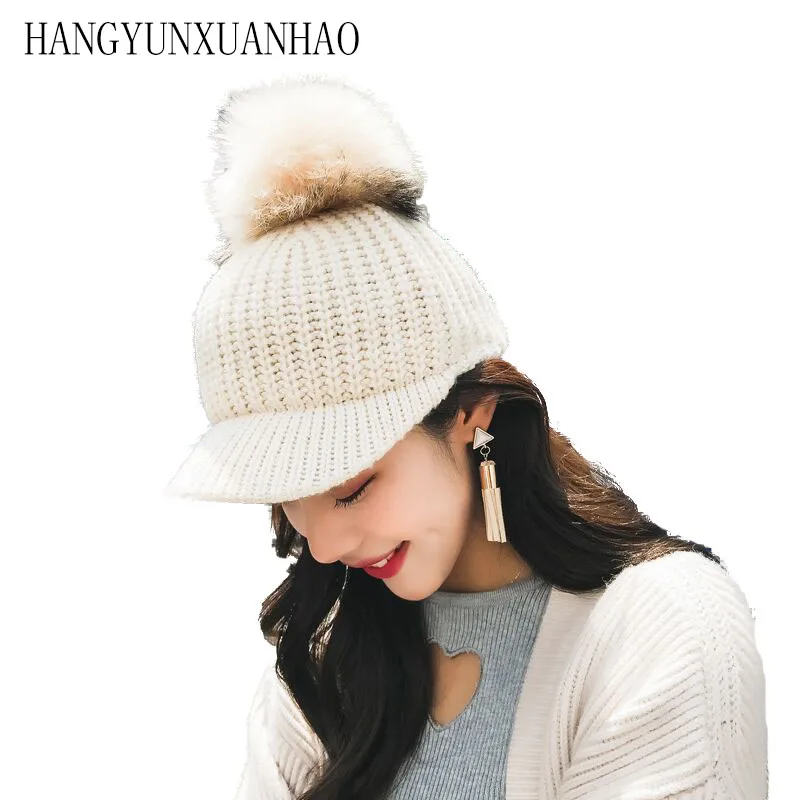 Fashion Big Hairball Baseball Caps for Women and Girl Autumn Winter Warm Knitted Hairy Hats Adjustable Wool Snapback Cap