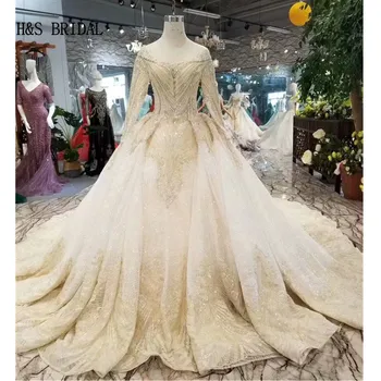شراءH & S الزفاف الفاخرة الزفاف اللباس الكرة ثوب طويل الأكمام الذهب الدانتيل الزفاف فساتين زي العرائس الأميرة Vestidos دي Novia