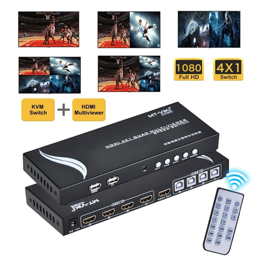 

HDMI 4x1 1080P Quad MultiViewer , with USB KM Syns for Gamer, 4 Modes with IR Remote for Exhibition Hall/ Game/ Meeting Room etc