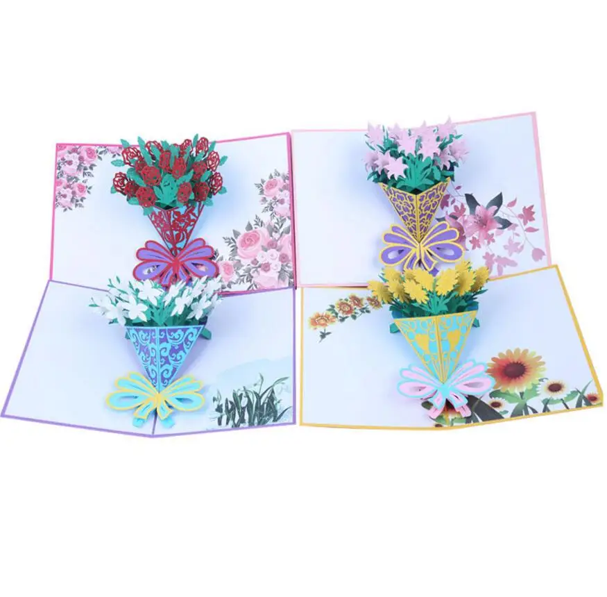  10pcs Lily Bouquet Handmade Kirigami Origami 3D Pop UP Greeting Cards Invitation card For Wedding B - 32863829481