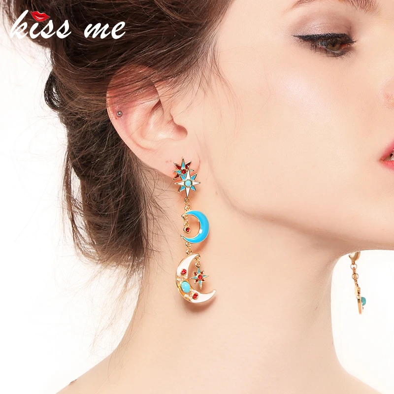 

KISS ME Enamel Stars Moon Earrings Multi Color Alloy Long Drop Earrings Women Fashion Jewelry Brincos