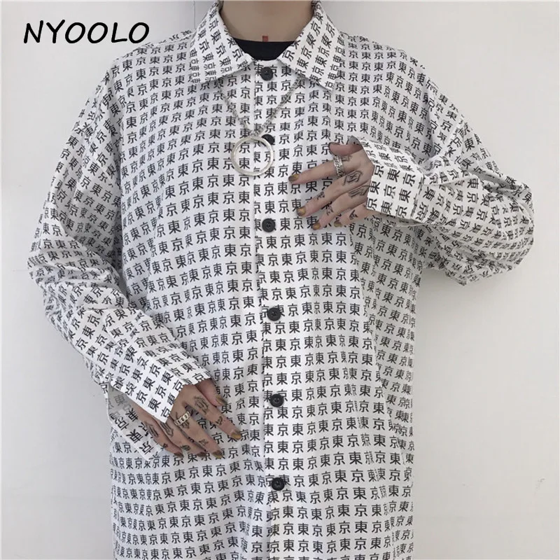 

NYOOLO Personality tops Harajuku streetwear Tokyo letters printed Turn-down Collar long sleeve loose shirt women/men