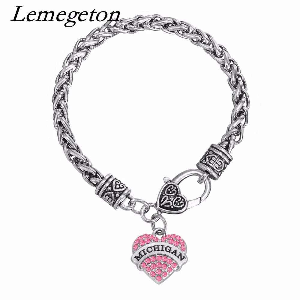 

Lemegeton Engraved MICHIGAN Rhinestone White Crtstal DIY Charms Making for Gift Wholesale Heart Bracelets Wheat Chain Jewelry